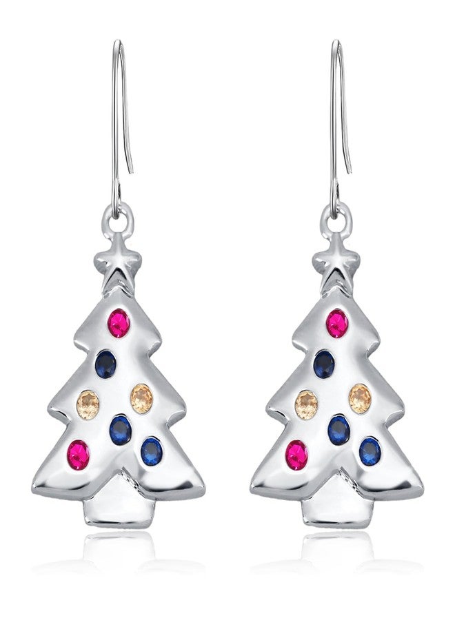 Sfoni Christmas Tree Earrings, Red Green Earrings Silver Sparkling Cubic Zirconia Dangle Earring 18K White Gold Colorful Rhinestone Xmas Earring Jewelry Gifts for Women Lady Girl with Gift Card & Box - Image 1